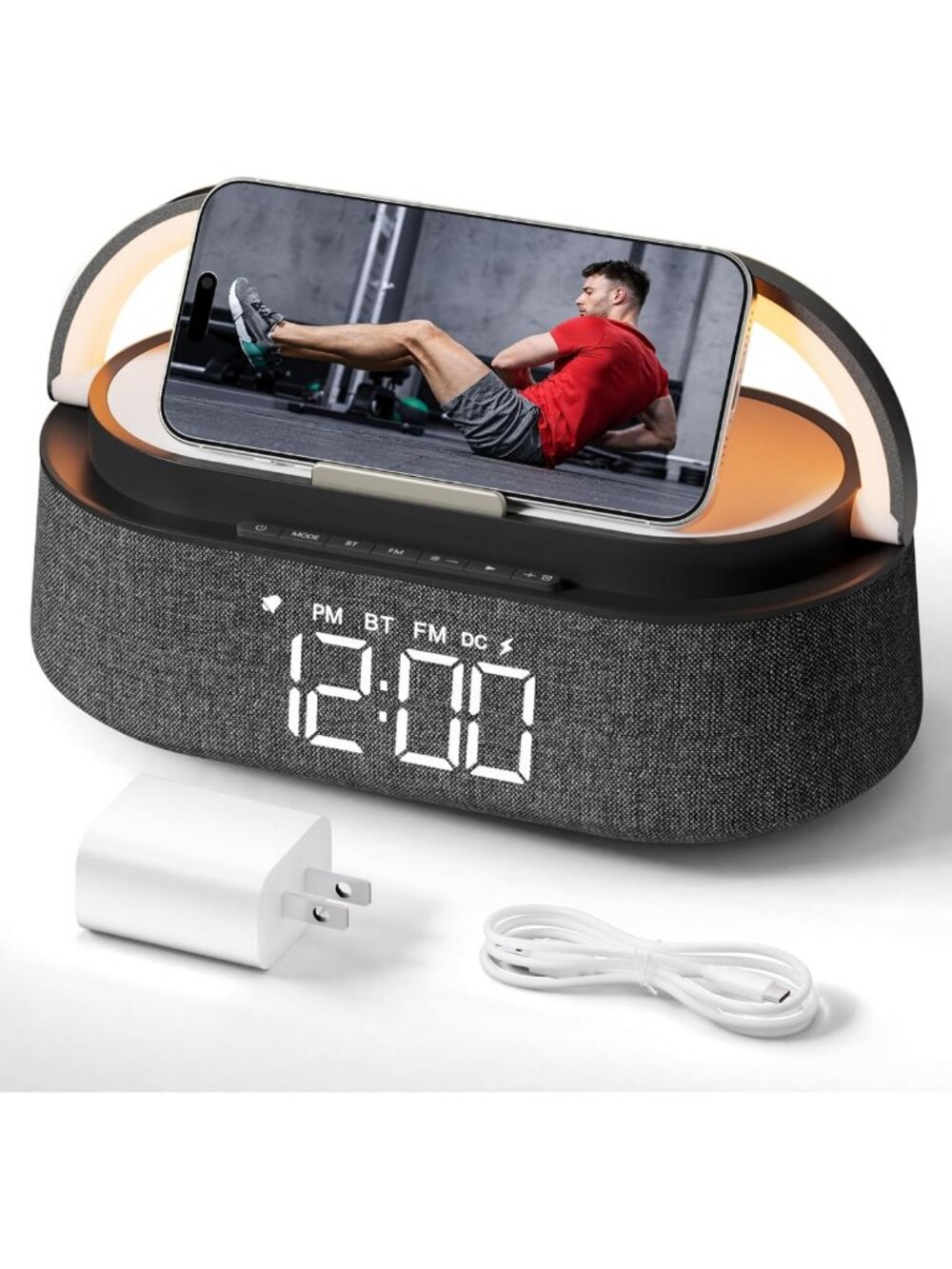 Stylish Alarm Clock with Wireless Charger, Bluetooth Speaker, FM Radio & Night